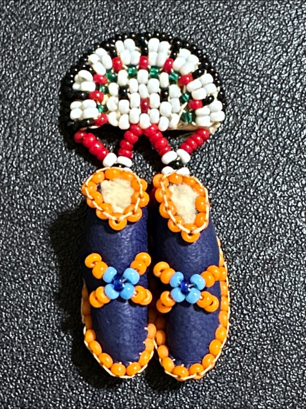 Beaded Moccasin & Headdress VTG Brooch Pin Native American Style Leather Back